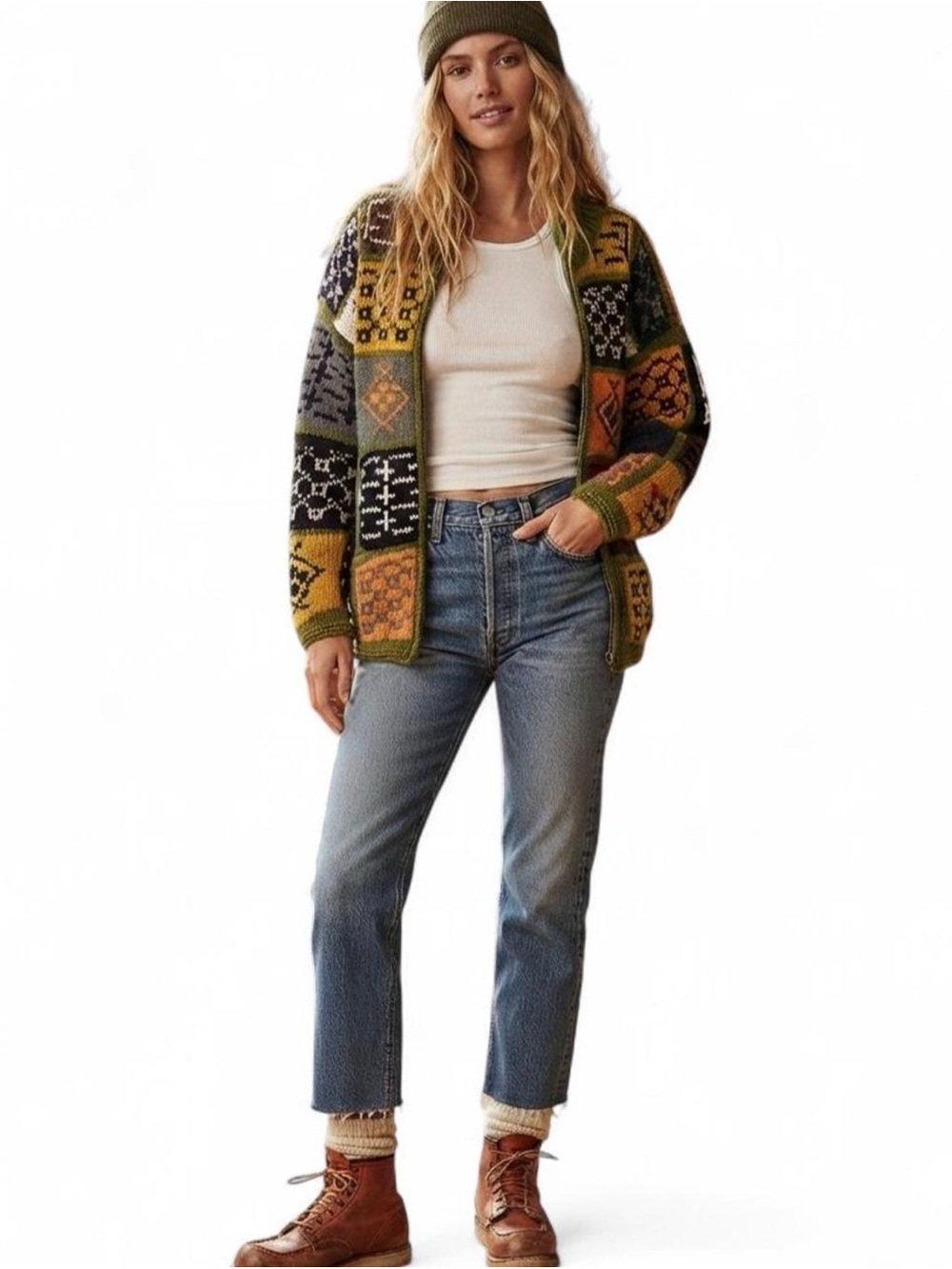 Vintage Patchwork Knit Full-Zip Sweater Jacket